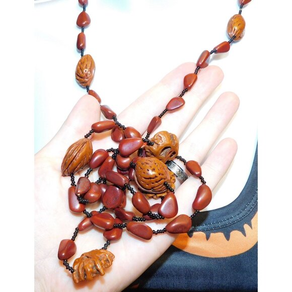 Rustic Nature Inspired Peach Pit Stone And Glass Beaded Necklace - Picture 1 of 6